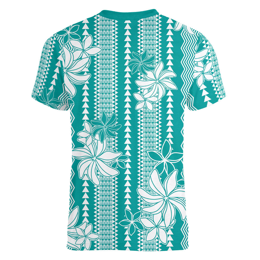 Hawaii Kakau Tribal Women V-Neck T-Shirt With Teal Tiare