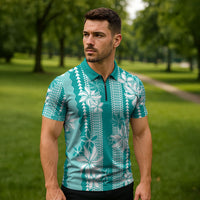 Hawaii Kakau Tribal Zipper Polo Shirt With Teal Tiare