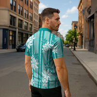 Hawaii Kakau Tribal Zipper Polo Shirt With Teal Tiare