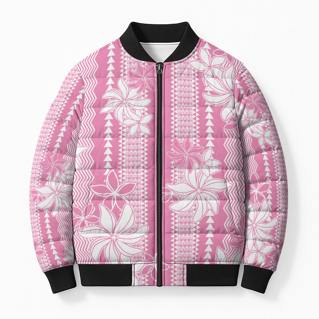 Hawaii Kakau Tribal Bomber Puffer Jacket With Pink Tiare