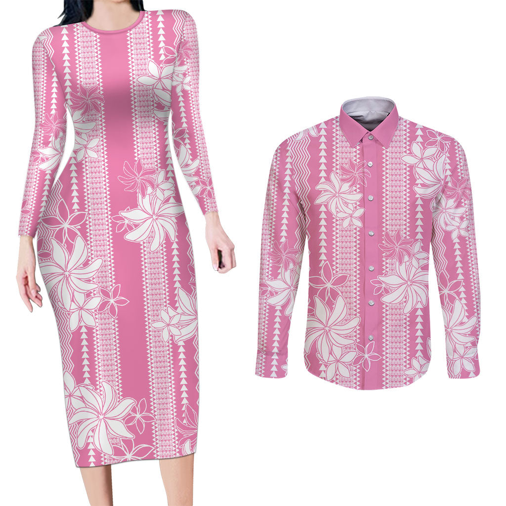 Hawaii Kakau Tribal Couples Matching Long Sleeve Bodycon Dress and Long Sleeve Button Shirt With Pink Tiare