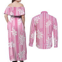 Hawaii Kakau Tribal Couples Matching Off Shoulder Maxi Dress and Long Sleeve Button Shirt With Pink Tiare