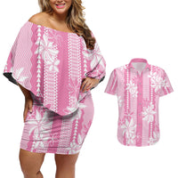 Hawaii Kakau Tribal Couples Matching Off Shoulder Short Dress and Hawaiian Shirt With Pink Tiare