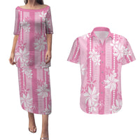 Hawaii Kakau Tribal Couples Matching Puletasi and Hawaiian Shirt With Pink Tiare