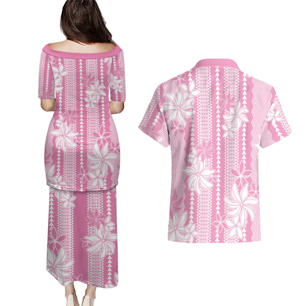 Hawaii Kakau Tribal Couples Matching Puletasi and Hawaiian Shirt With Pink Tiare