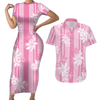 Hawaii Kakau Tribal Couples Matching Short Sleeve Bodycon Dress and Hawaiian Shirt With Pink Tiare