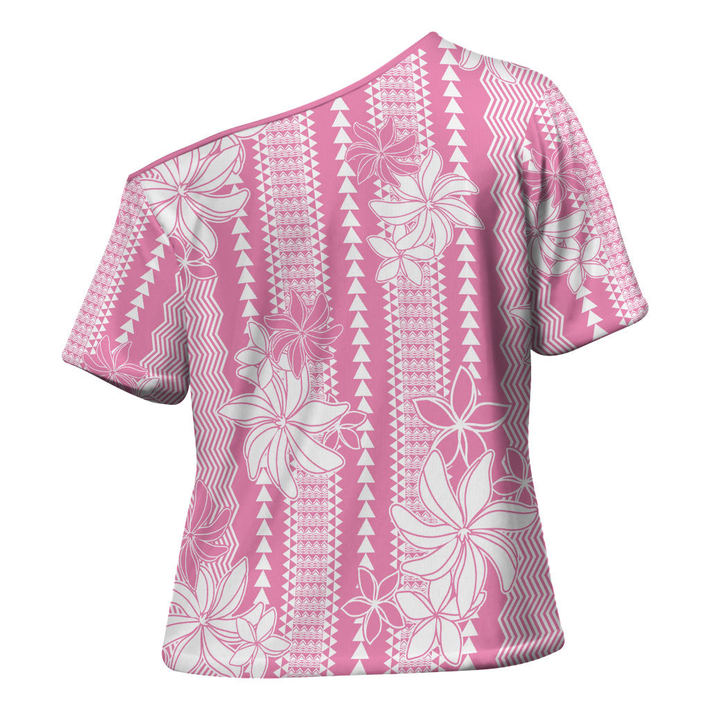 Hawaii Kakau Tribal Cross Shoulder Shirt With Pink Tiare