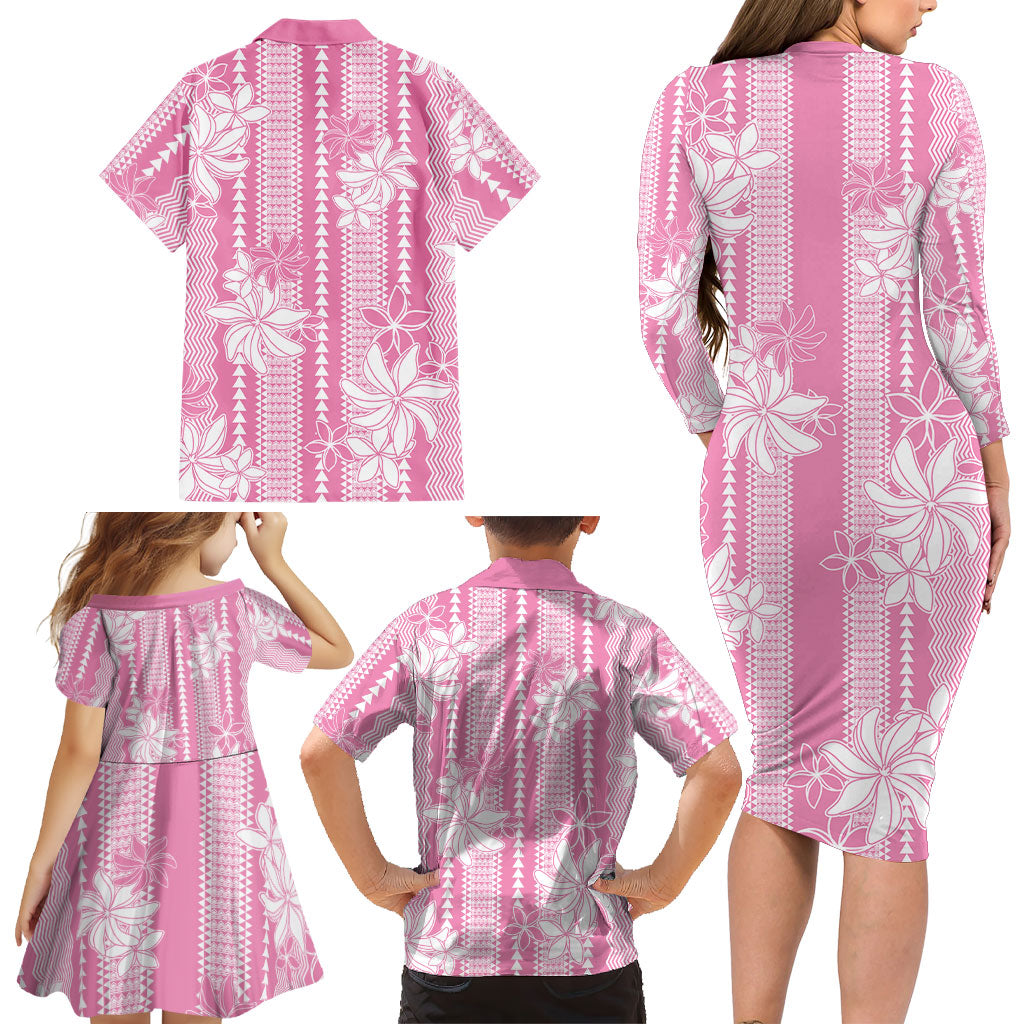 Hawaii Kakau Tribal Family Matching Long Sleeve Bodycon Dress and Hawaiian Shirt With Pink Tiare