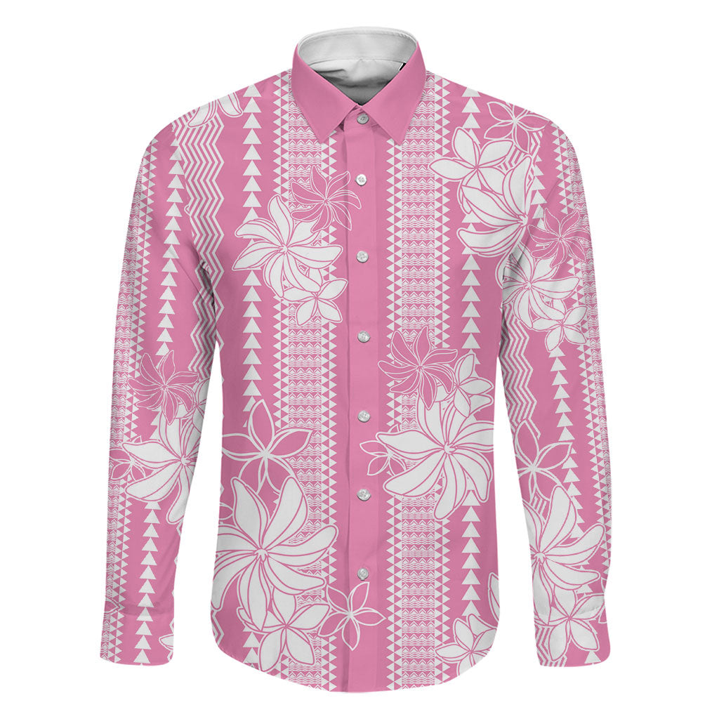 Hawaii Kakau Tribal Family Matching Long Sleeve Bodycon Dress and Hawaiian Shirt With Pink Tiare
