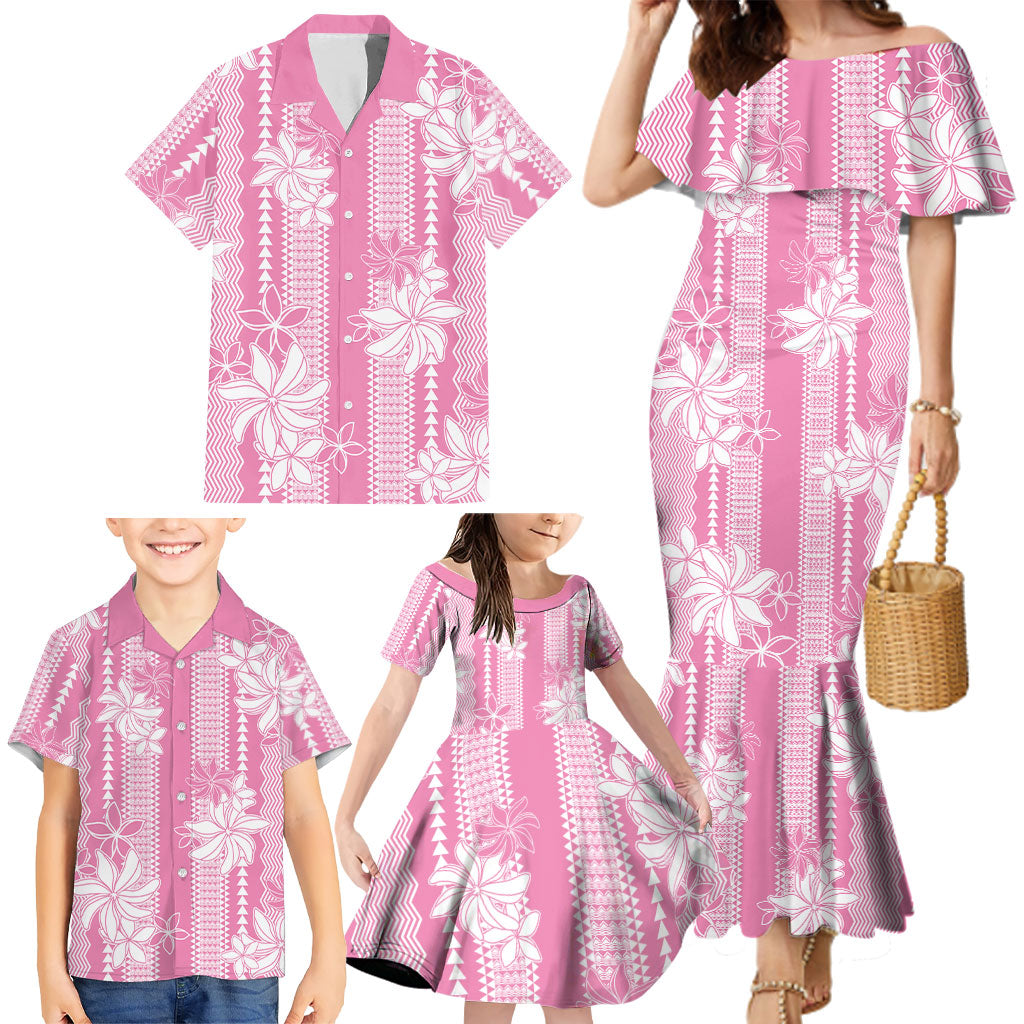 Hawaii Kakau Tribal Family Matching Mermaid Dress and Hawaiian Shirt With Pink Tiare