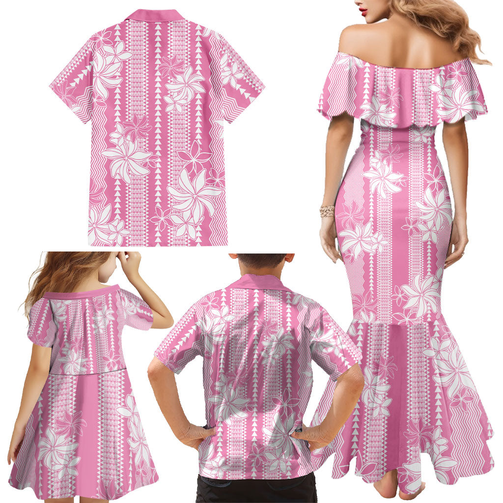 Hawaii Kakau Tribal Family Matching Mermaid Dress and Hawaiian Shirt With Pink Tiare