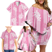 Hawaii Kakau Tribal Family Matching Off Shoulder Short Dress and Hawaiian Shirt With Pink Tiare