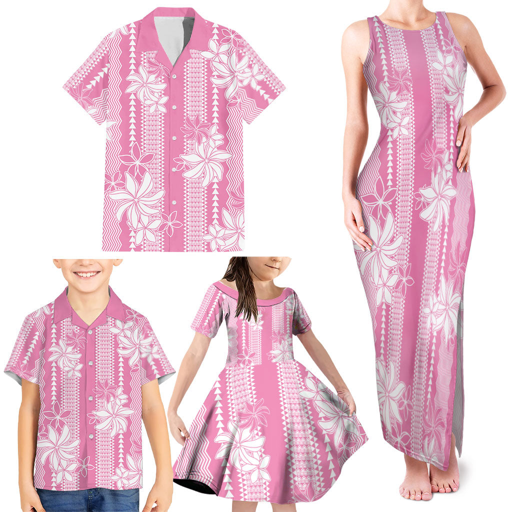 Hawaii Kakau Tribal Family Matching Tank Maxi Dress and Hawaiian Shirt With Pink Tiare