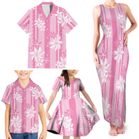 Hawaii Kakau Tribal Family Matching Tank Maxi Dress and Hawaiian Shirt With Pink Tiare