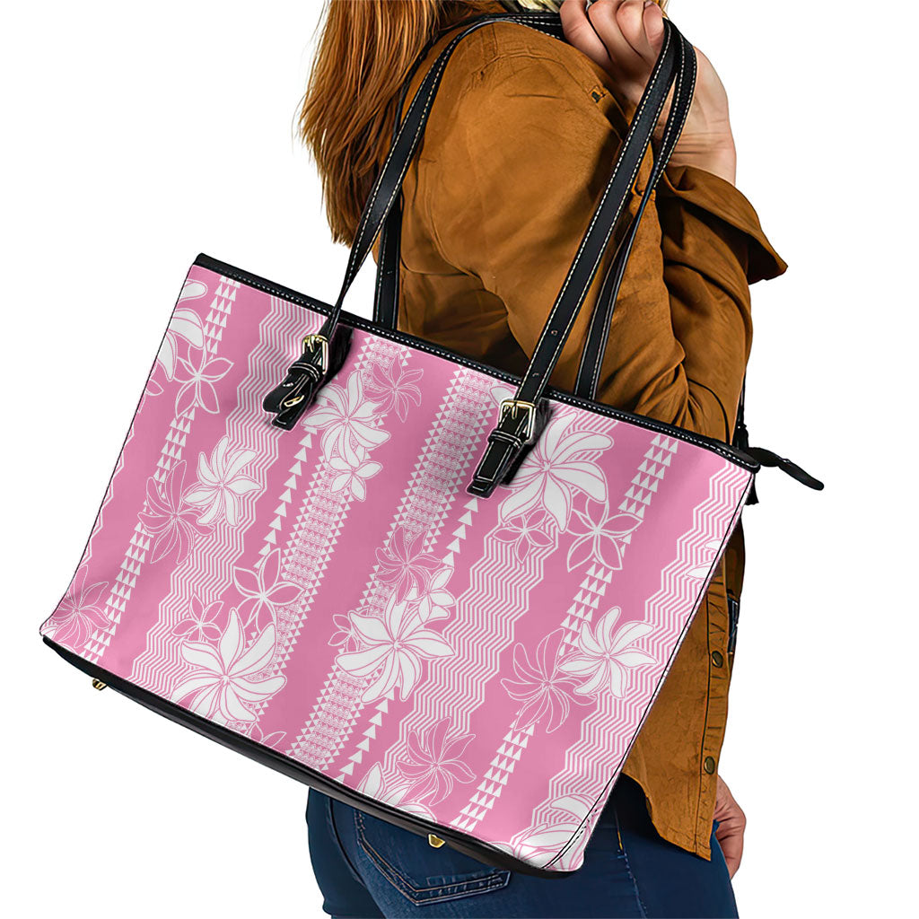 Hawaii Kakau Tribal Leather Tote Bag With Pink Tiare