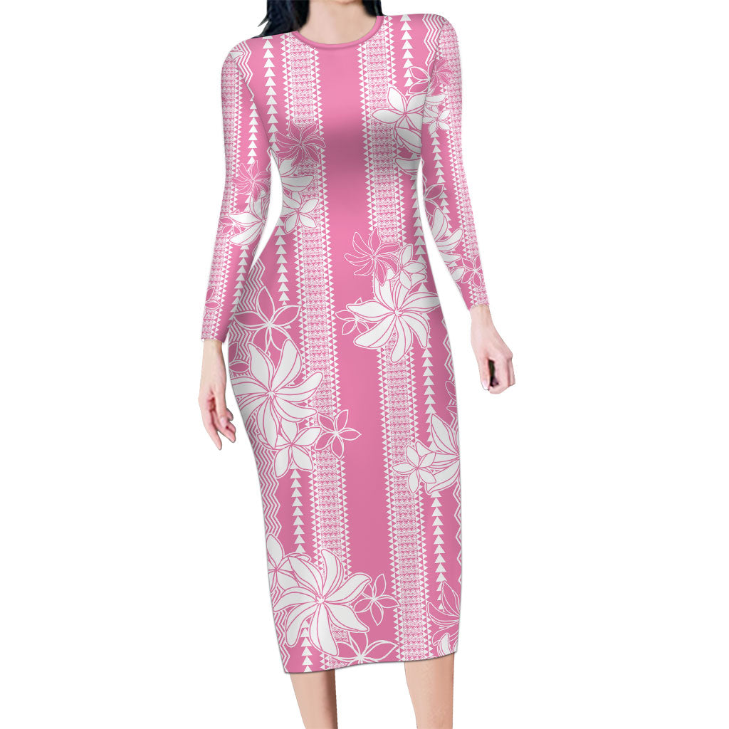 Hawaii Kakau Tribal Long Sleeve Bodycon Dress With Pink Tiare