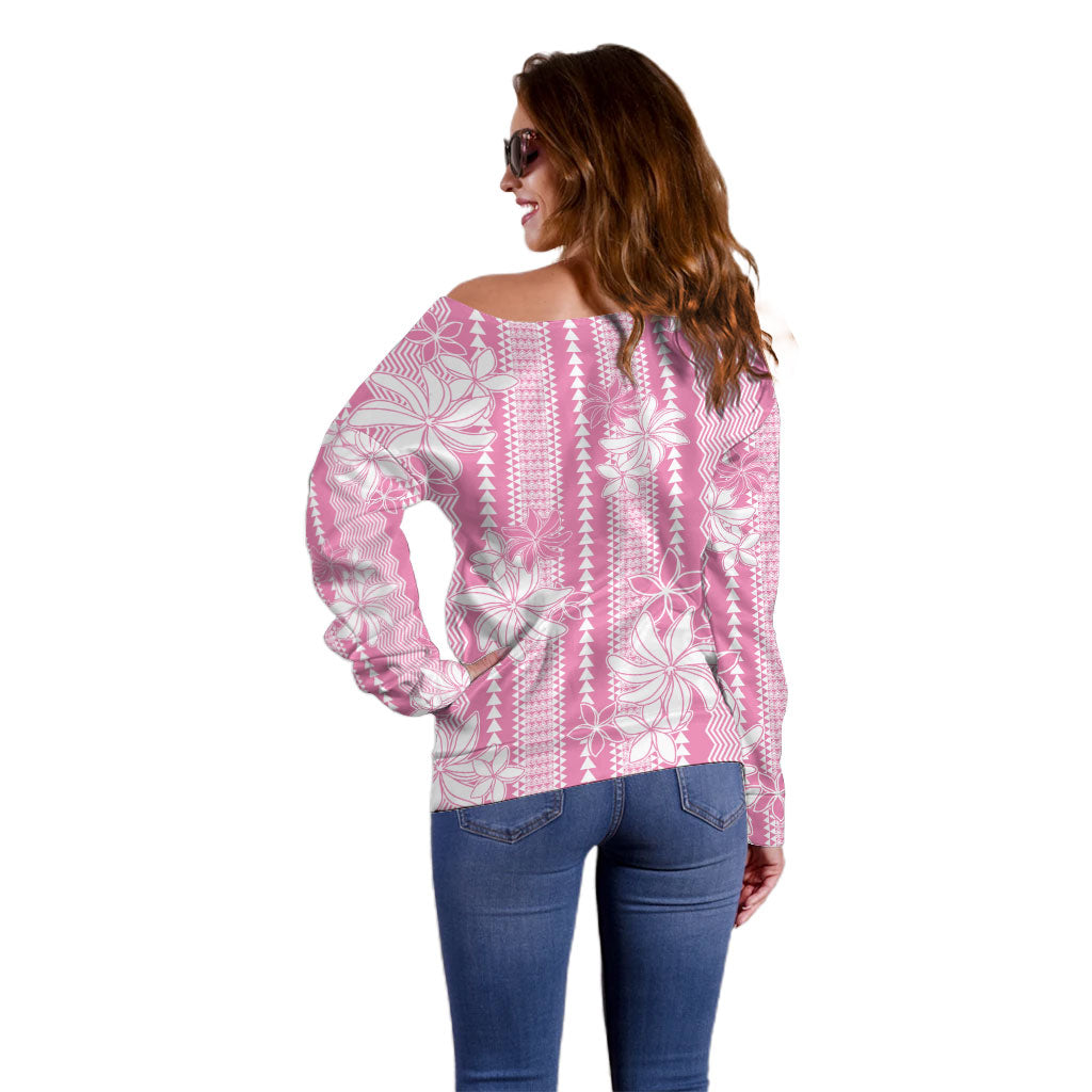 Hawaii Kakau Tribal Off Shoulder Sweater With Pink Tiare