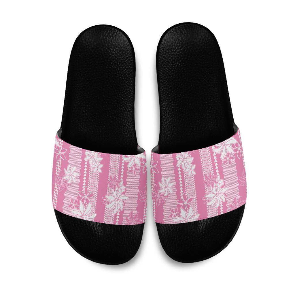 Hawaii Kakau Tribal Slide Sandals With Pink Tiare