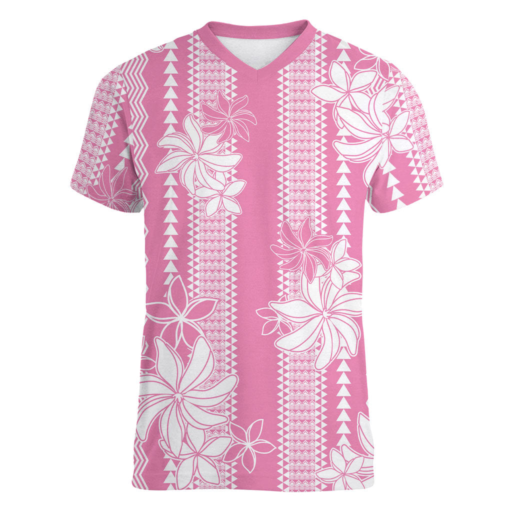 Hawaii Kakau Tribal Women V-Neck T-Shirt With Pink Tiare