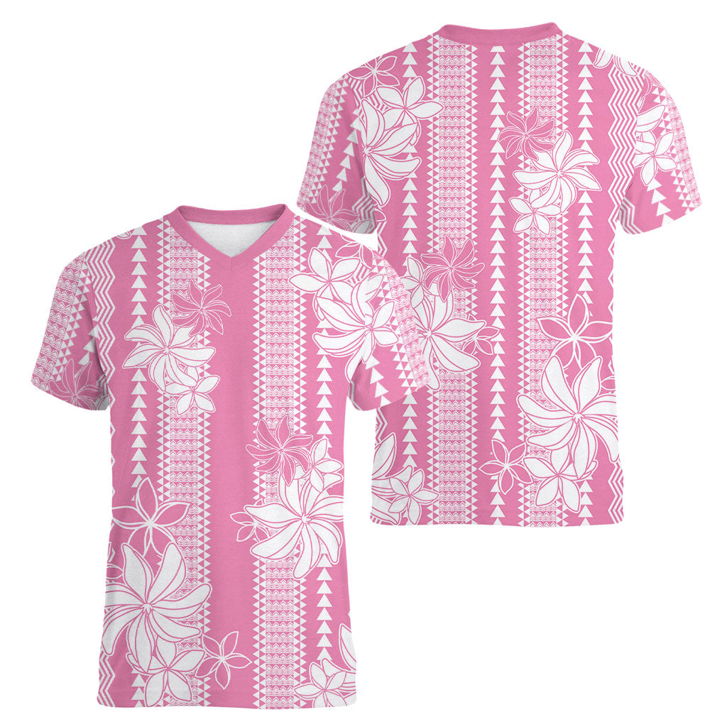 Hawaii Kakau Tribal Women V-Neck T-Shirt With Pink Tiare