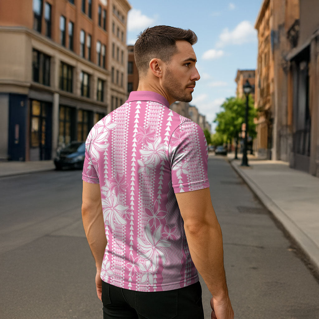 Hawaii Kakau Tribal Zipper Polo Shirt With Pink Tiare