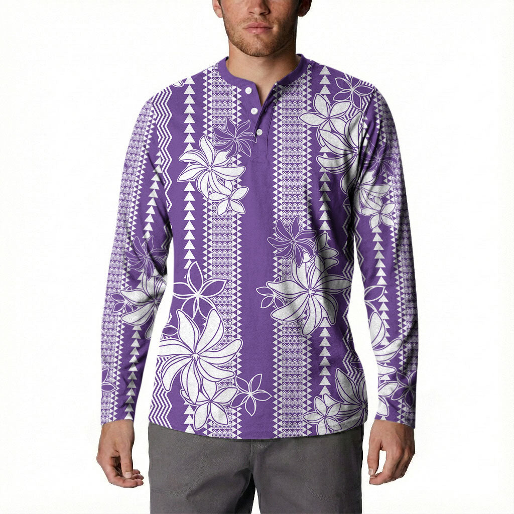 Hawaii Kakau Tribal Button Sweatshirt With Purple Tiare