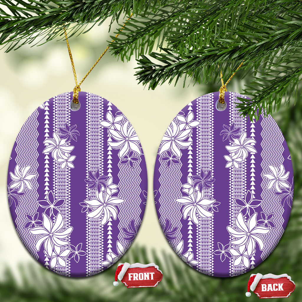 Hawaii Kakau Tribal Ceramic Ornament With Purple Tiare LT05 Oval Purple - Polynesian Pride