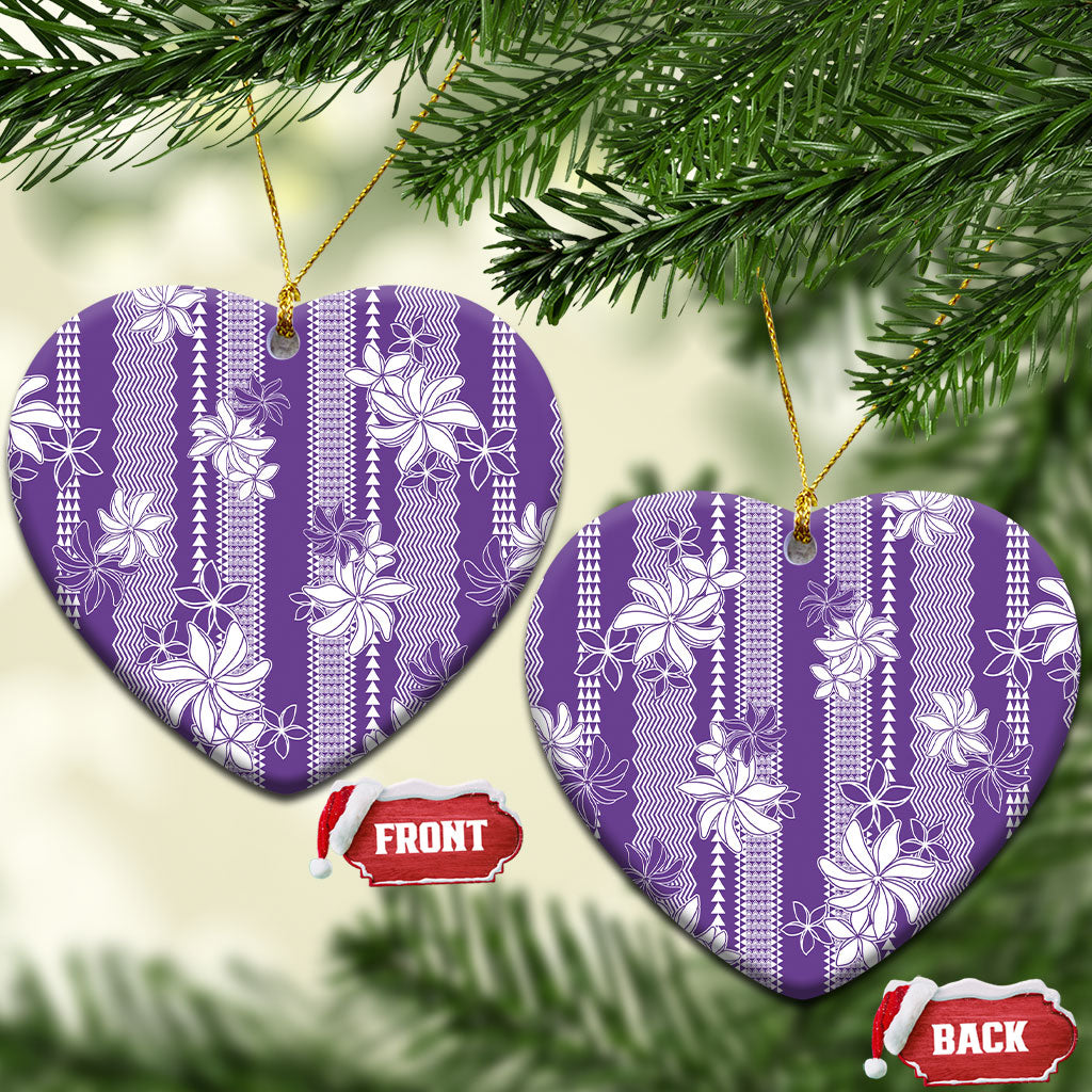 Hawaii Kakau Tribal Ceramic Ornament With Purple Tiare LT05 Heart Purple - Polynesian Pride