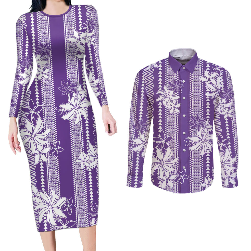 Hawaii Kakau Tribal Couples Matching Long Sleeve Bodycon Dress and Long Sleeve Button Shirt With Purple Tiare