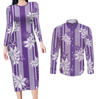 Hawaii Kakau Tribal Couples Matching Long Sleeve Bodycon Dress and Long Sleeve Button Shirt With Purple Tiare