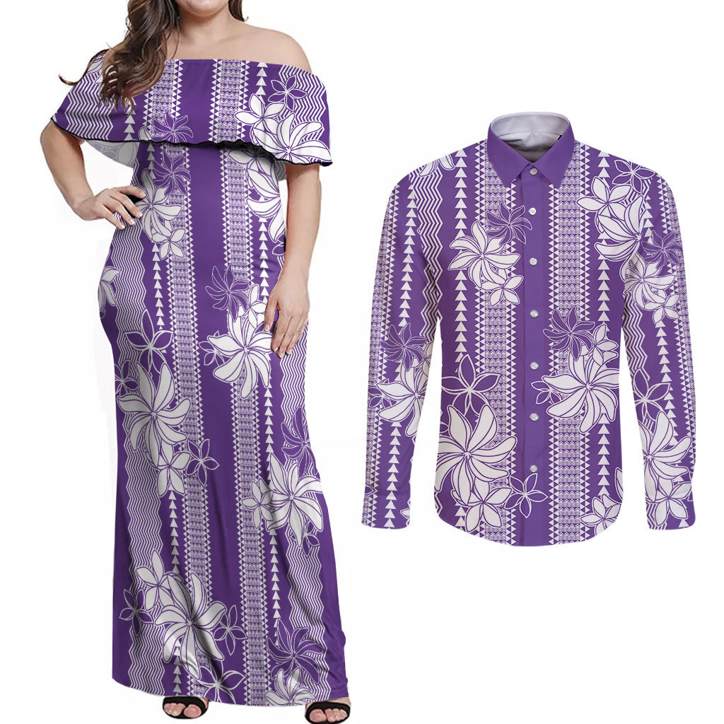 Hawaii Kakau Tribal Couples Matching Off Shoulder Maxi Dress and Long Sleeve Button Shirt With Purple Tiare