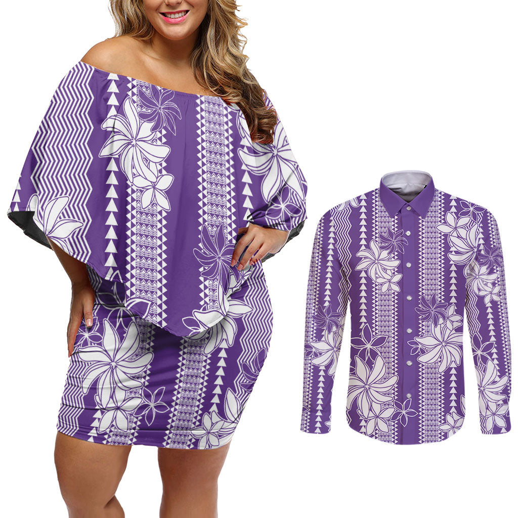 Hawaii Kakau Tribal Couples Matching Off Shoulder Short Dress and Long Sleeve Button Shirt With Purple Tiare