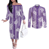 Hawaii Kakau Tribal Couples Matching Off The Shoulder Long Sleeve Dress and Long Sleeve Button Shirt With Purple Tiare