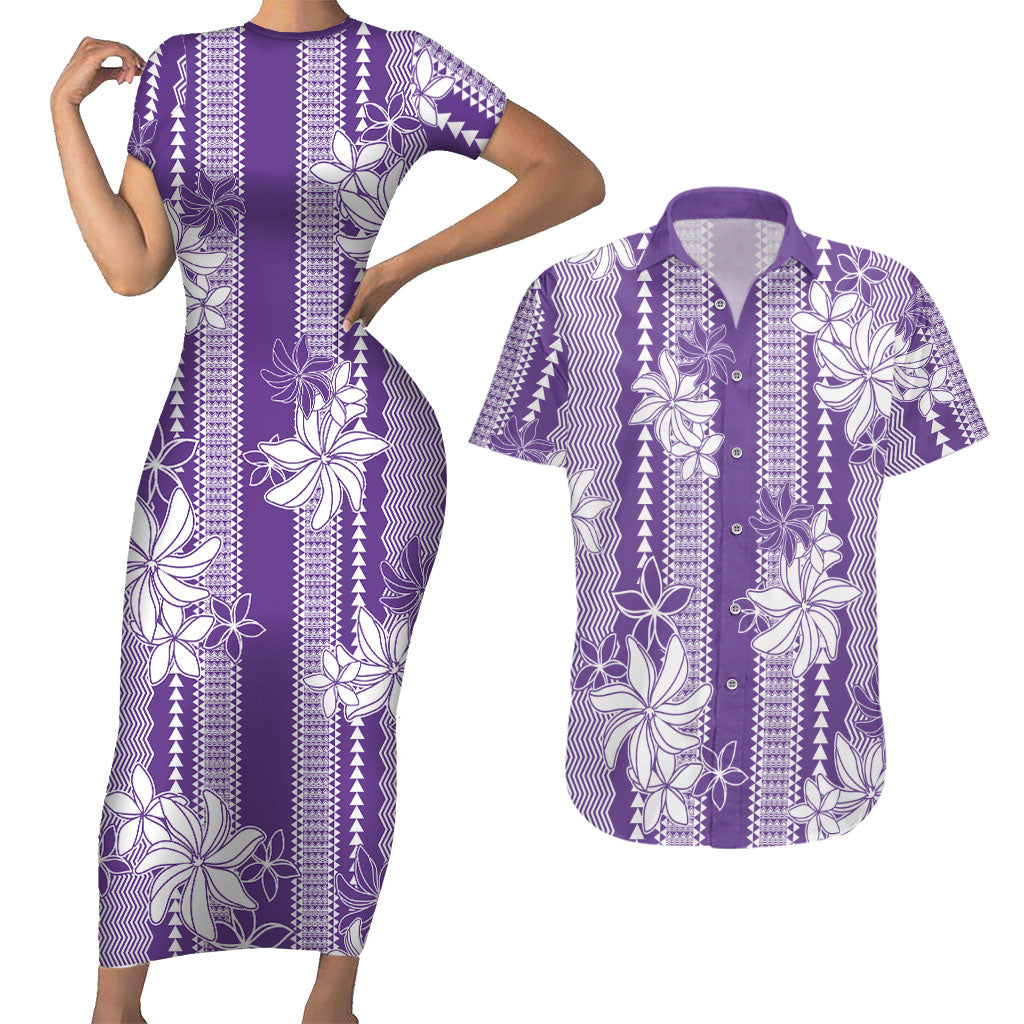 Hawaii Kakau Tribal Couples Matching Short Sleeve Bodycon Dress and Hawaiian Shirt With Purple Tiare