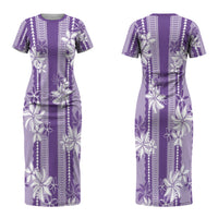 Hawaii Kakau Tribal Couples Matching Short Sleeve Bodycon Dress and Long Sleeve Button Shirt With Purple Tiare LT05 - Polynesian Pride