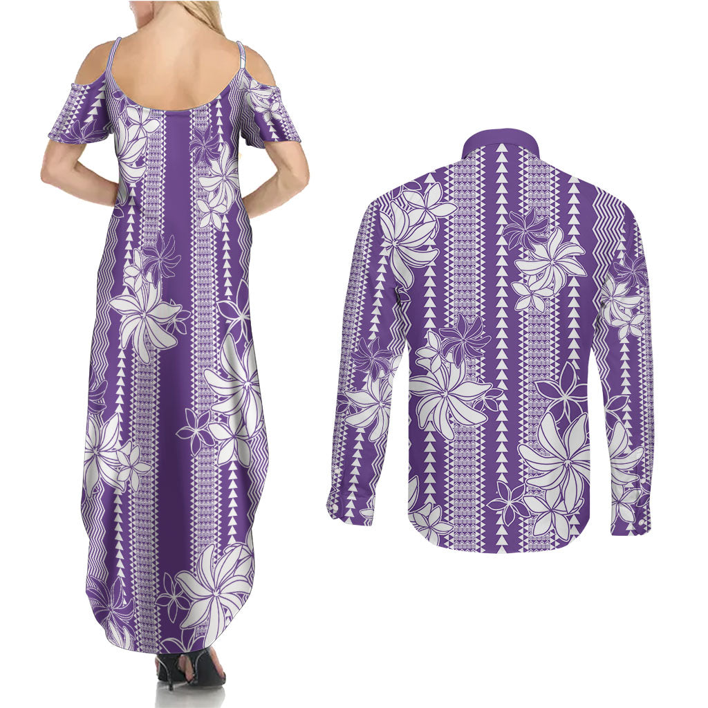 Hawaii Kakau Tribal Couples Matching Summer Maxi Dress and Long Sleeve Button Shirt With Purple Tiare