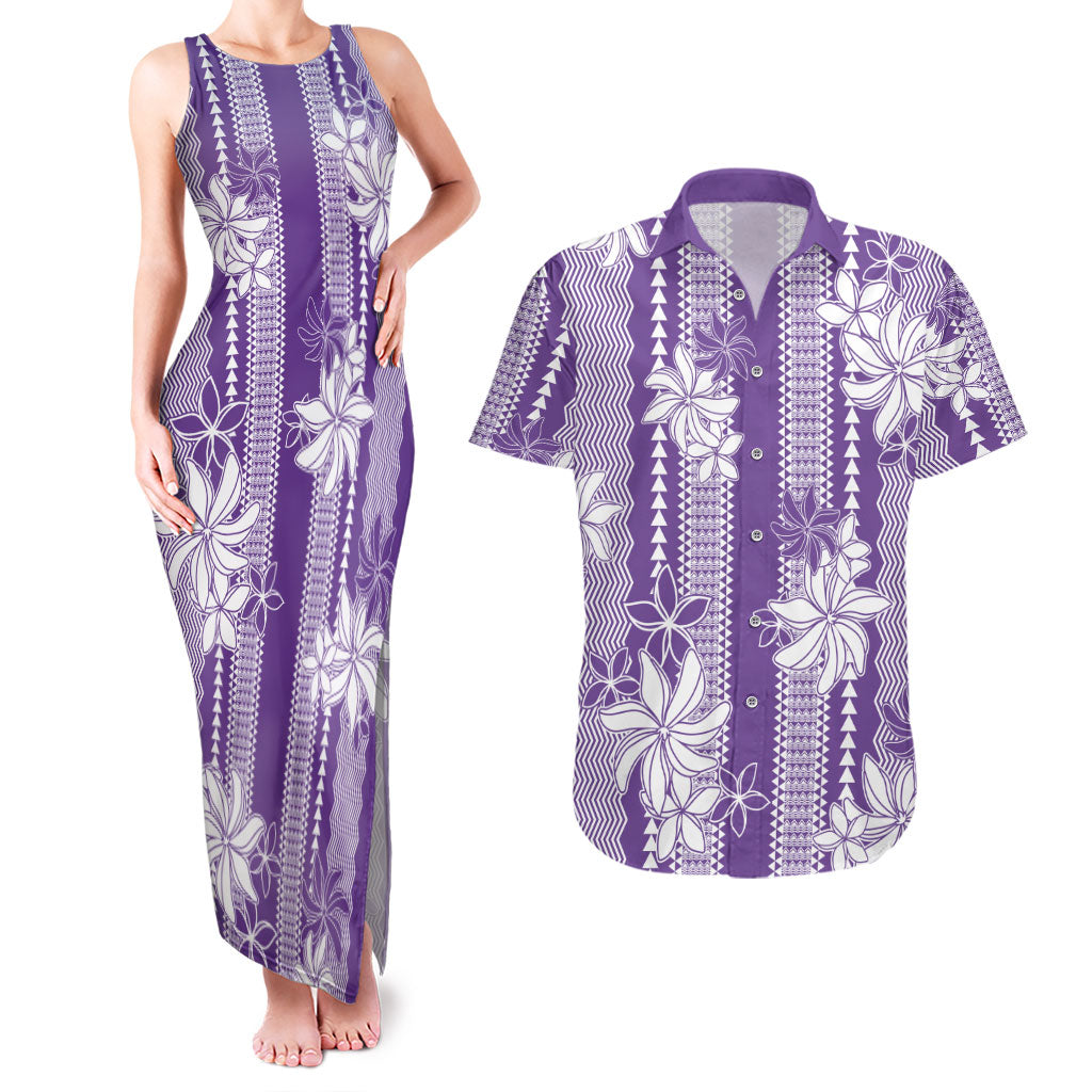 Hawaii Kakau Tribal Couples Matching Tank Maxi Dress and Hawaiian Shirt With Purple Tiare