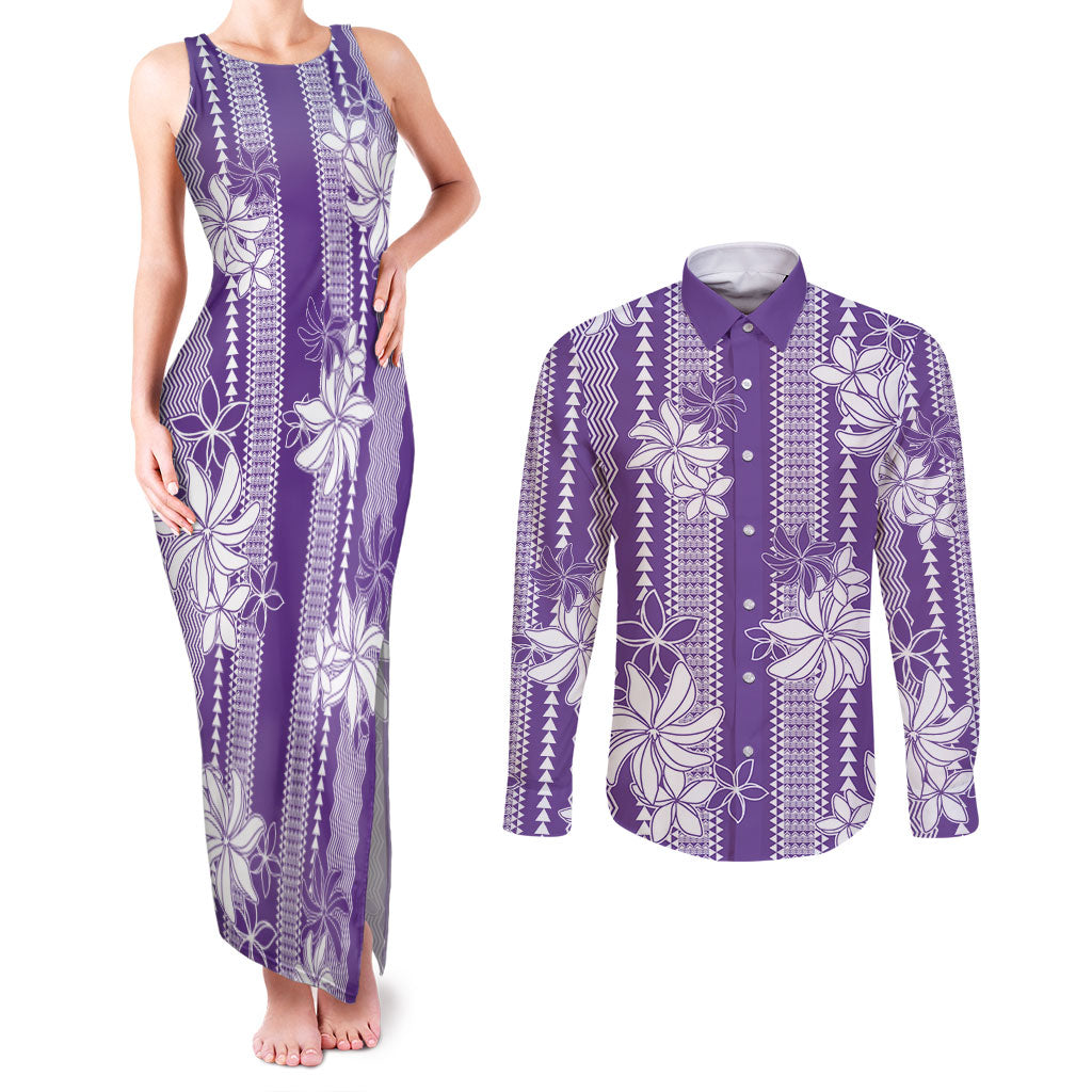 Hawaii Kakau Tribal Couples Matching Tank Maxi Dress and Long Sleeve Button Shirt With Purple Tiare