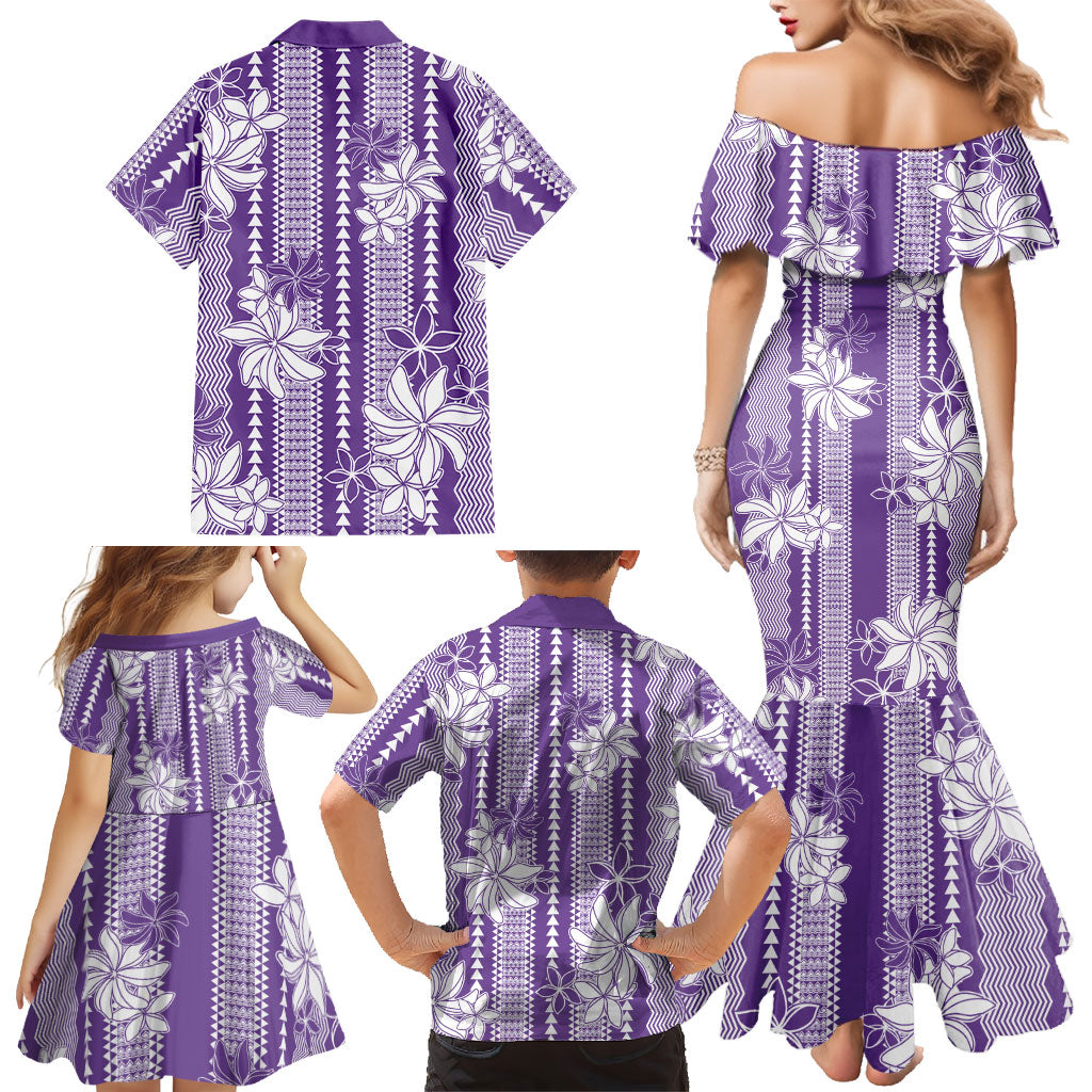 Hawaii Kakau Tribal Family Matching Mermaid Dress and Hawaiian Shirt With Purple Tiare