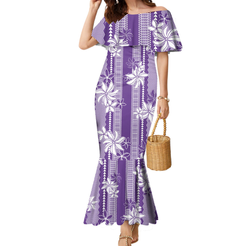 Hawaii Kakau Tribal Family Matching Mermaid Dress and Hawaiian Shirt With Purple Tiare