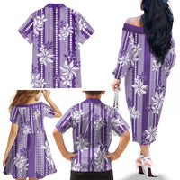 Hawaii Kakau Tribal Family Matching Off The Shoulder Long Sleeve Dress and Hawaiian Shirt With Purple Tiare
