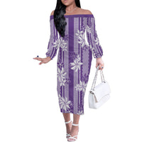 Hawaii Kakau Tribal Family Matching Off The Shoulder Long Sleeve Dress and Hawaiian Shirt With Purple Tiare