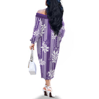 Hawaii Kakau Tribal Family Matching Off The Shoulder Long Sleeve Dress and Hawaiian Shirt With Purple Tiare