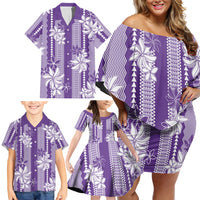 Hawaii Kakau Tribal Family Matching Off Shoulder Short Dress and Hawaiian Shirt With Purple Tiare