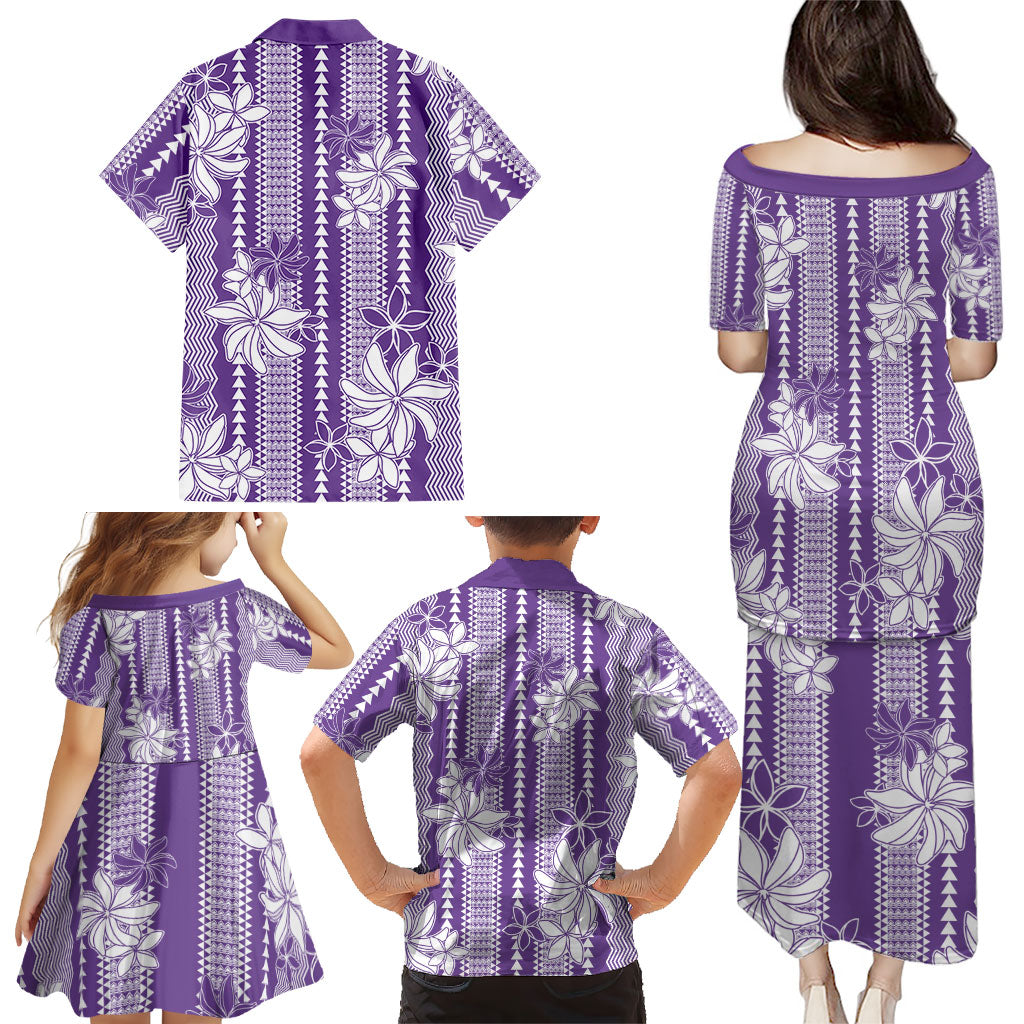 Hawaii Kakau Tribal Family Matching Puletasi and Hawaiian Shirt With Purple Tiare