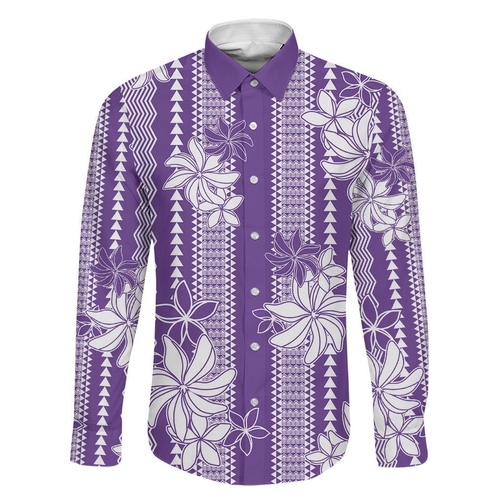 Hawaii Kakau Tribal Family Matching Puletasi and Hawaiian Shirt With Purple Tiare