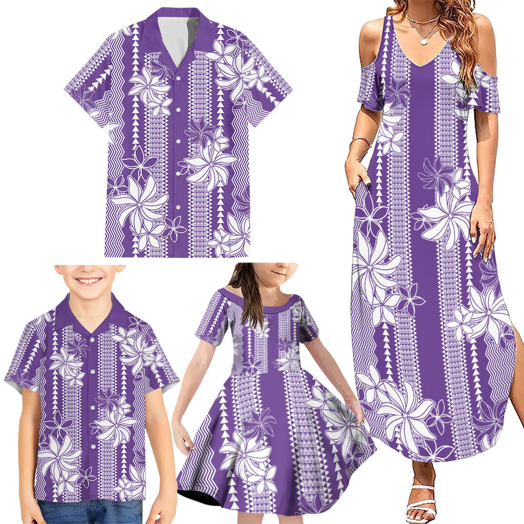 Hawaii Kakau Tribal Family Matching Summer Maxi Dress and Hawaiian Shirt With Purple Tiare