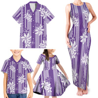Hawaii Kakau Tribal Family Matching Tank Maxi Dress and Hawaiian Shirt With Purple Tiare