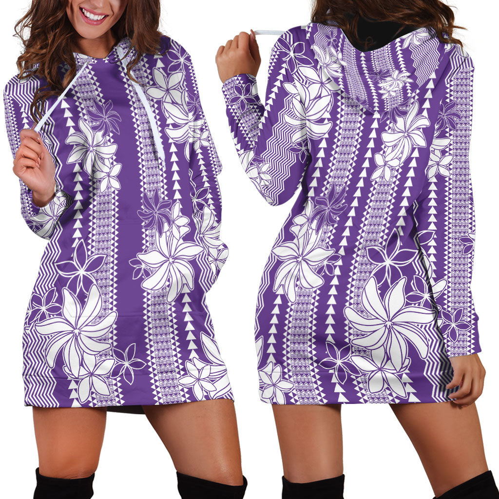 Hawaii Kakau Tribal Hoodie Dress With Purple Tiare