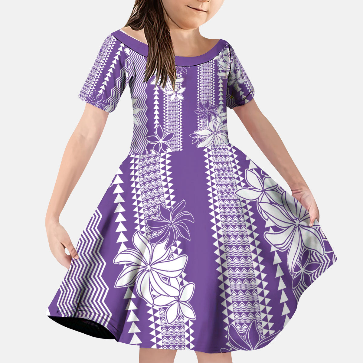 Hawaii Kakau Tribal Kid Short Sleeve Dress With Purple Tiare